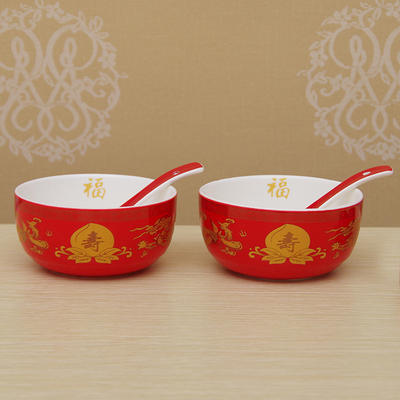 2碗2勺寿碗餐具套装定制陶瓷福碗低价生日礼品批发