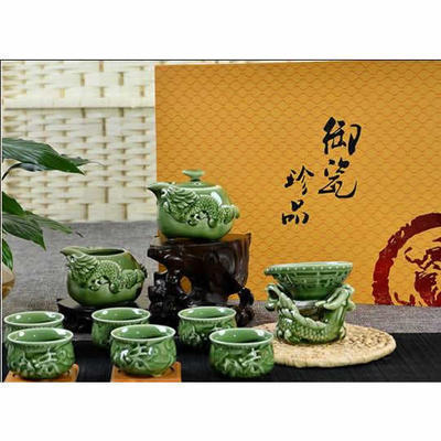 陶瓷茶具10头养生瓷（双龙手抓壶、双龙呈祥） 会议商务活动礼品