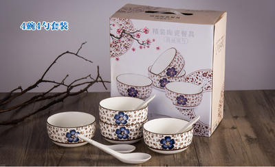 日式手绘骨瓷陶瓷碗勺餐具陶瓷 礼品盒套装 可定制logo