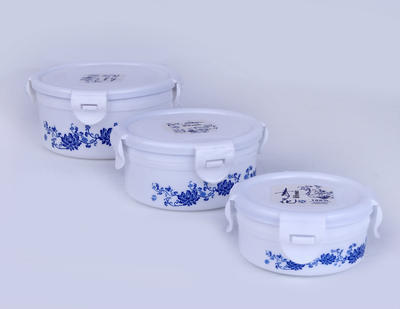 新款圆形塑料冰箱密封保鲜收纳盒 青花食品收纳盒三件套