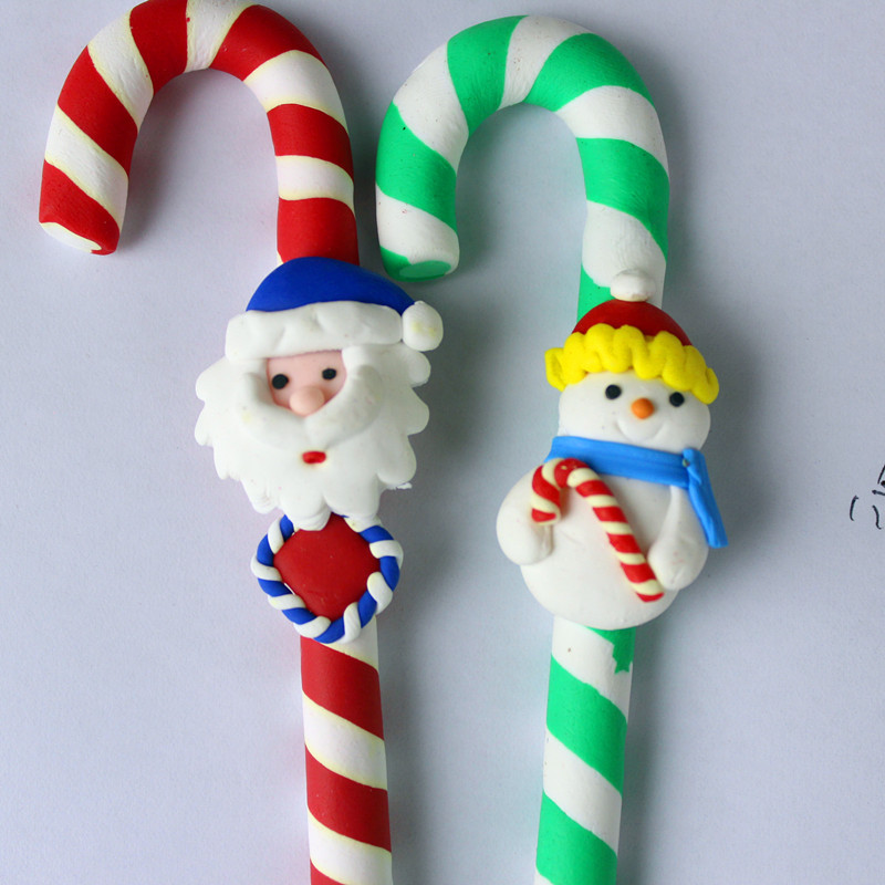 现货圣诞软陶圆珠笔 卡通学生圆珠笔 圣诞礼物 圣诞拐杖圣诞笔