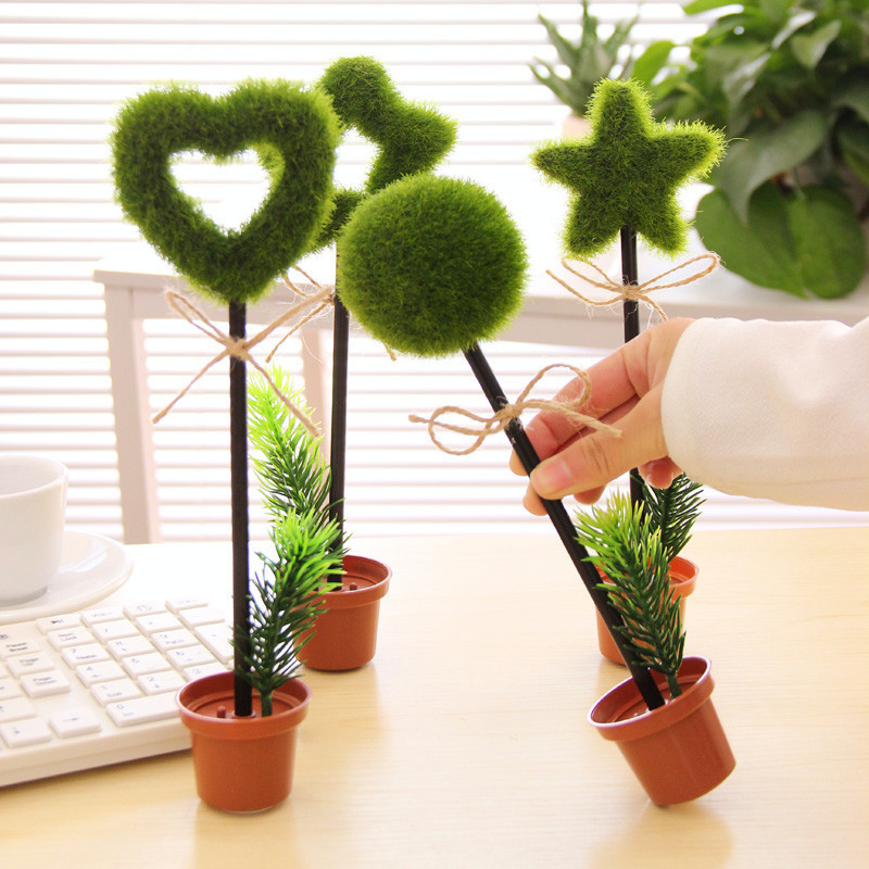 韩国创意文具 绿色田园植物桌面摆饰台笔 盆栽圆珠笔 花盆造型笔