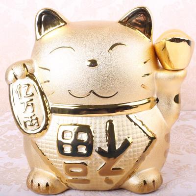 新款陶瓷大号日本招财猫摆件 金色招财猫开业礼品家居摆件
