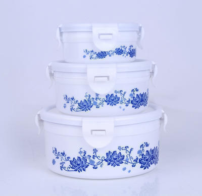 新款圆形塑料冰箱密封保鲜收纳盒 青花食品收纳盒三件套