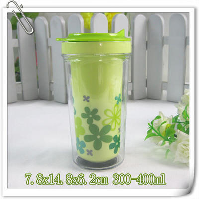 直销绿色带盖flower图案双层广告太空杯 塑料保温礼品水杯子 印字
