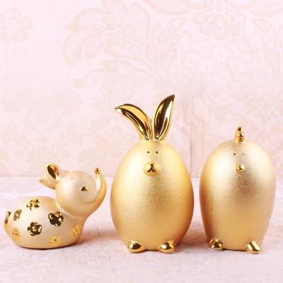 新款陶瓷欧式金色小鹿小兔小鸡工艺品摆件 创意家居礼品摆设