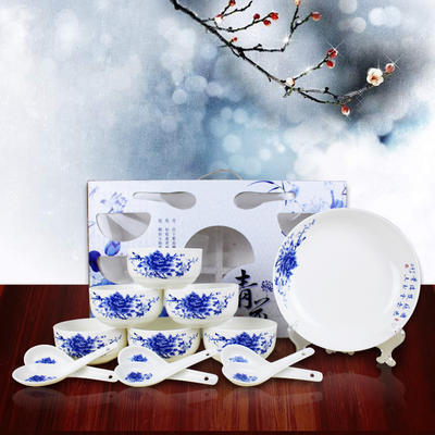 供应青花瓷 韩式碗 餐具套装 礼品袋套装十碗十勺餐具