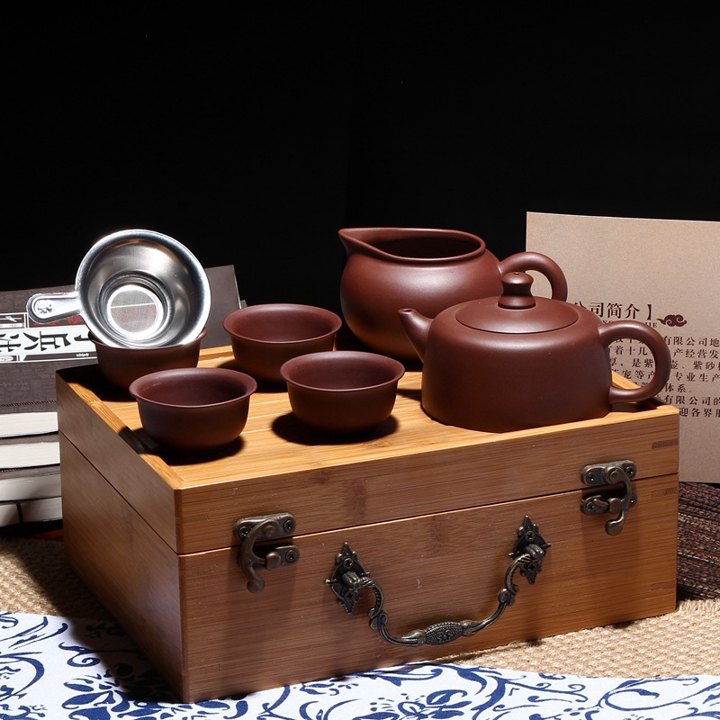 定做户外便携竹盒旅行茶具套装6件套 宜兴紫砂壶旅游套组礼品定制